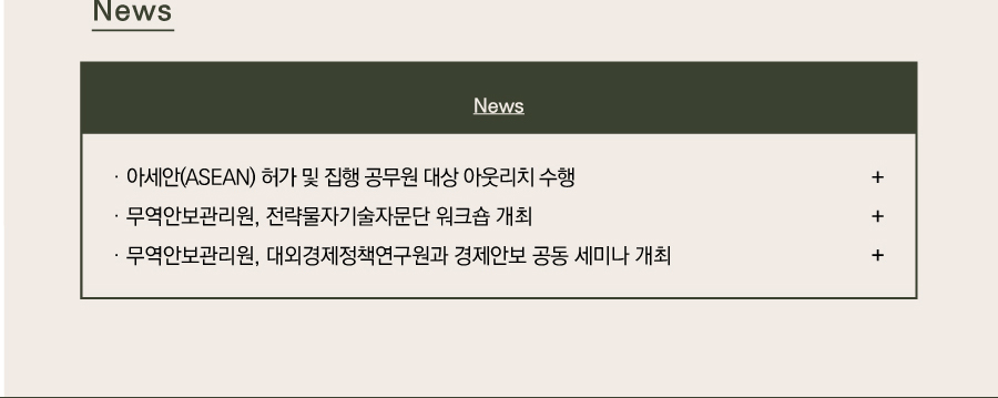 News
아세안(ASEAN) 허가 및 집행 공무원 대상 아웃리치 수행 
무역안보관리원, 전략물자기술자문단 워크숍 개최 
무역안보관리원, 대외경제정책연구원과 경제안보 공동 세미나 개최