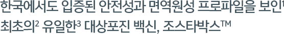 한국에서도 입증된 안전성과 면역원성 프로파일을 보인<sup>1</sup>
최초의<sup>2</sup> 유일한<sup>3</sup> 대상포진 백신, 조스타박스<sup>TM</sup>