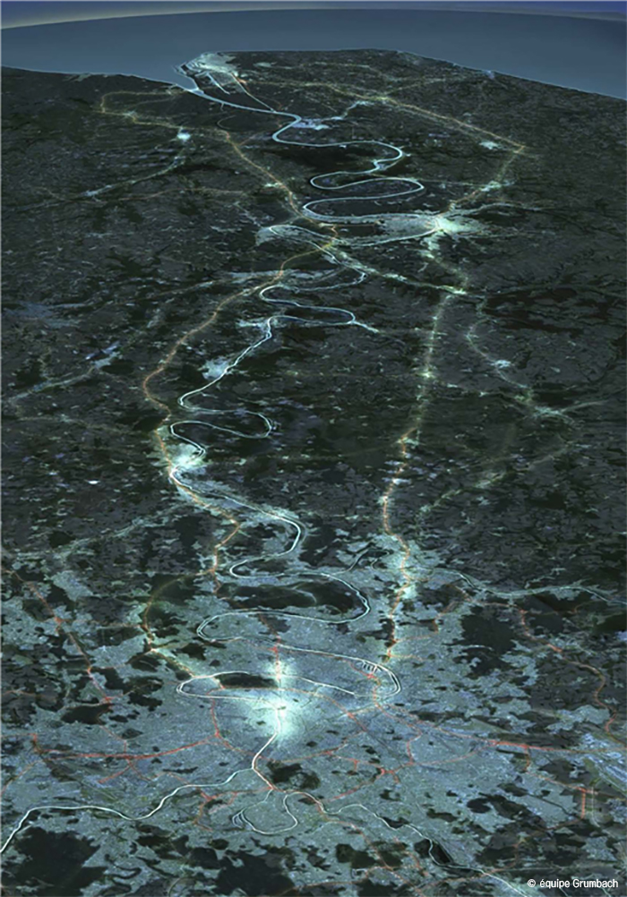 [Grumbach 팀에 의해 제안된 센느강을 따라 파리와 르아브르를 잇는 센느 메트로폴 조감도]